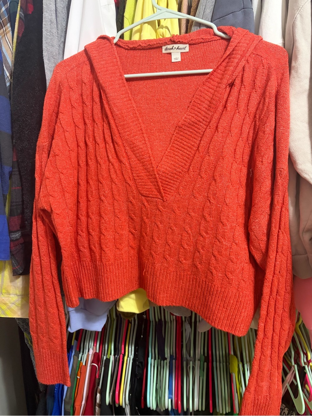 Derek Heart Coral Cable Knit V-Neck Hoodie Sweater